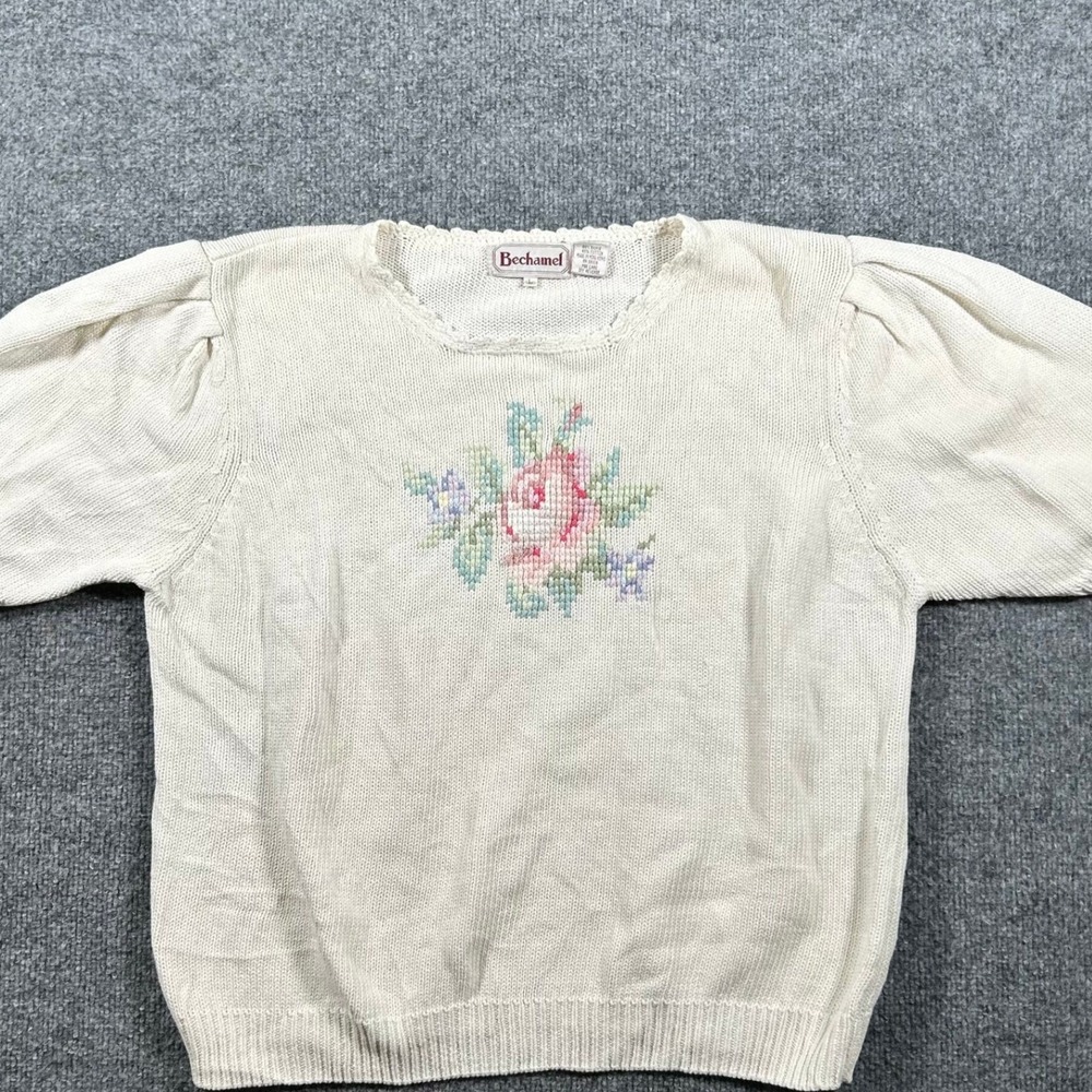 Bechamel Sweater Womens Large Cream Ramie Cotton Floral Needlepoint Short Sleeve